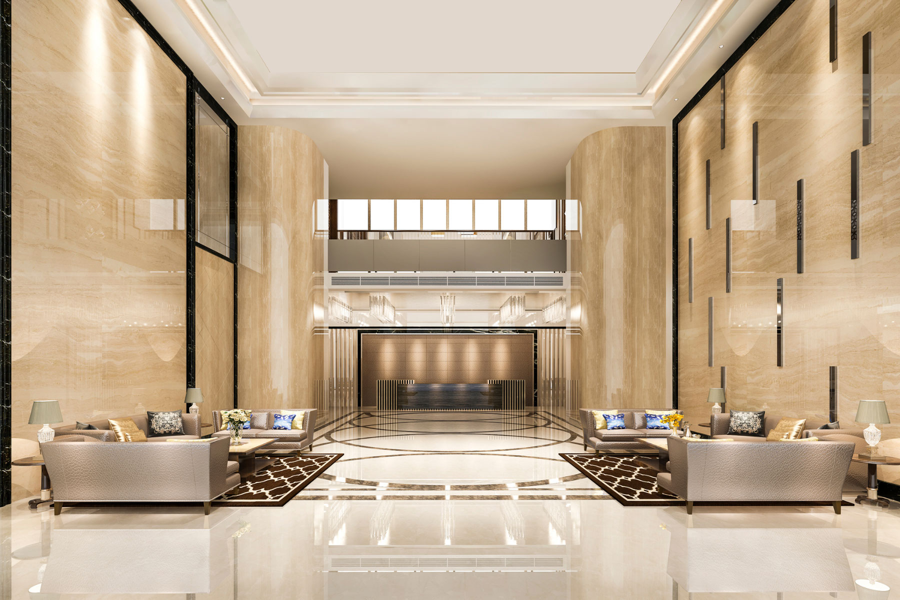 Luxurious hotel lobby with marble floors, beige columns, elegant sofas, and ornate lighting fixtures, blending modern and classic design.